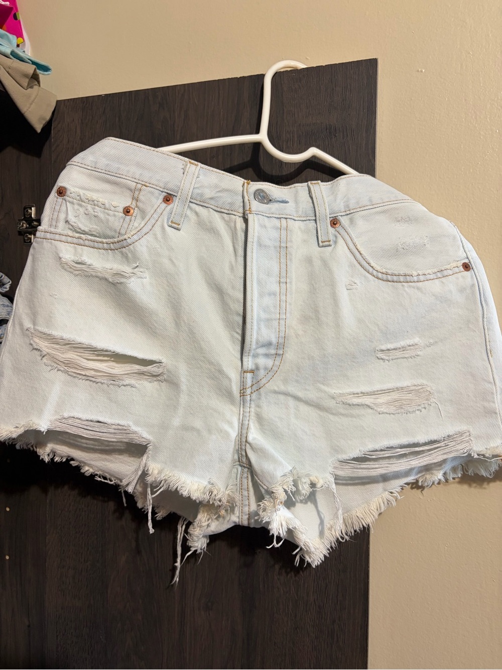 Levi 501 High-Rise Distressed Light Wash Denim Shorts - White